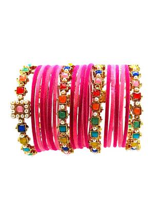 Set of 16 multicolor stone studded velvet bangle set 3