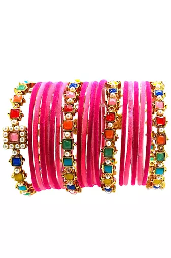 Set of 16 multicolor stone studded velvet bangle set