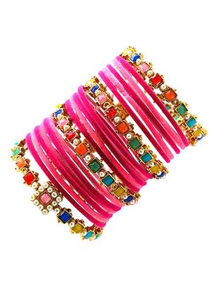 Set of 16 multicolor stone studded velvet bangle set 4
