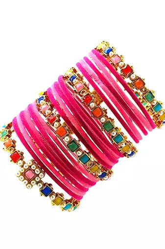 Set of 16 multicolor stone studded velvet bangle set