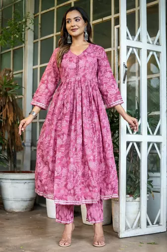 Blush pink floral printed cotton suit set