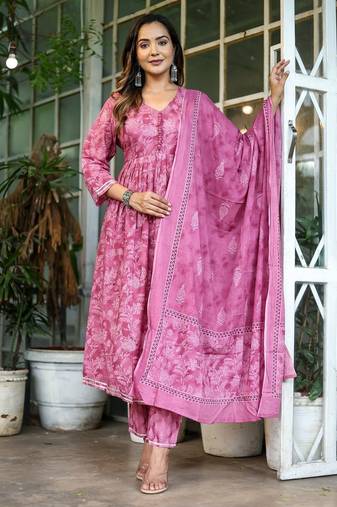 Blush pink floral printed cotton suit set