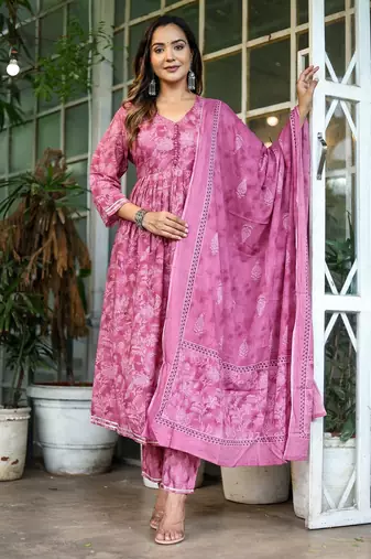 Blush pink floral printed cotton suit set