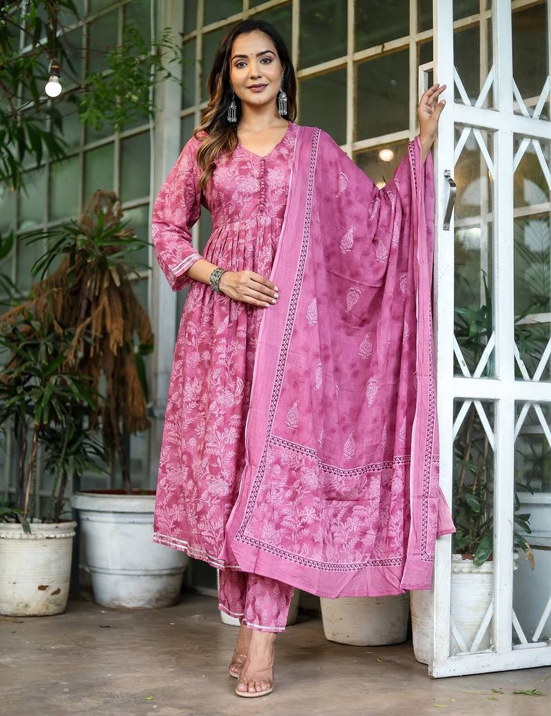 Blush pink floral printed cotton suit set