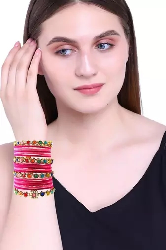 Set of 16 multicolor stone studded velvet bangle set