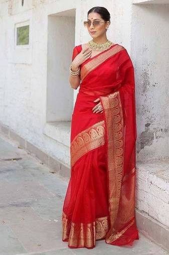 RED PURE ORGANZA WEAVING SAREE