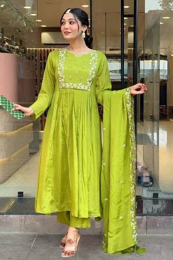 Elegant parrot green embroidered flared kurta set