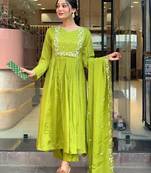 green embroidered flared kurta set