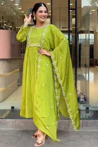 green embroidered flared kurta set