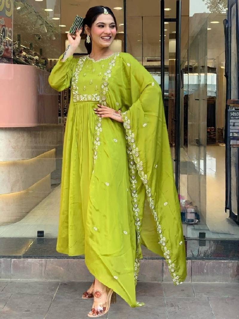 green embroidered flared kurta set