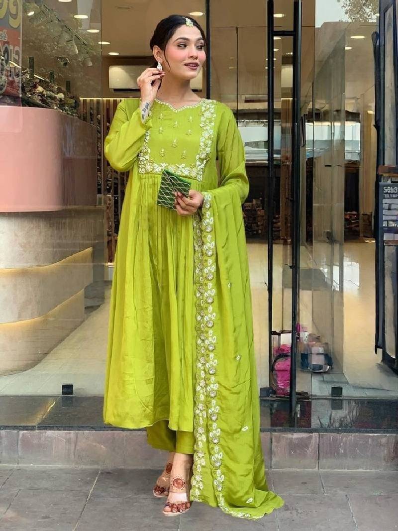 green embroidered flared kurta set