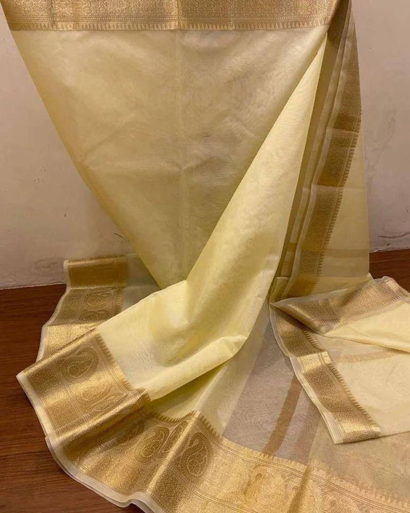 cream pure organza weaving saree
