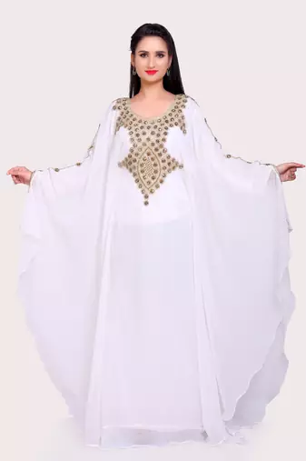 Royal White Georgette Stitched Kaftan with Gold Handwork Embroidered Crystal Detailing 