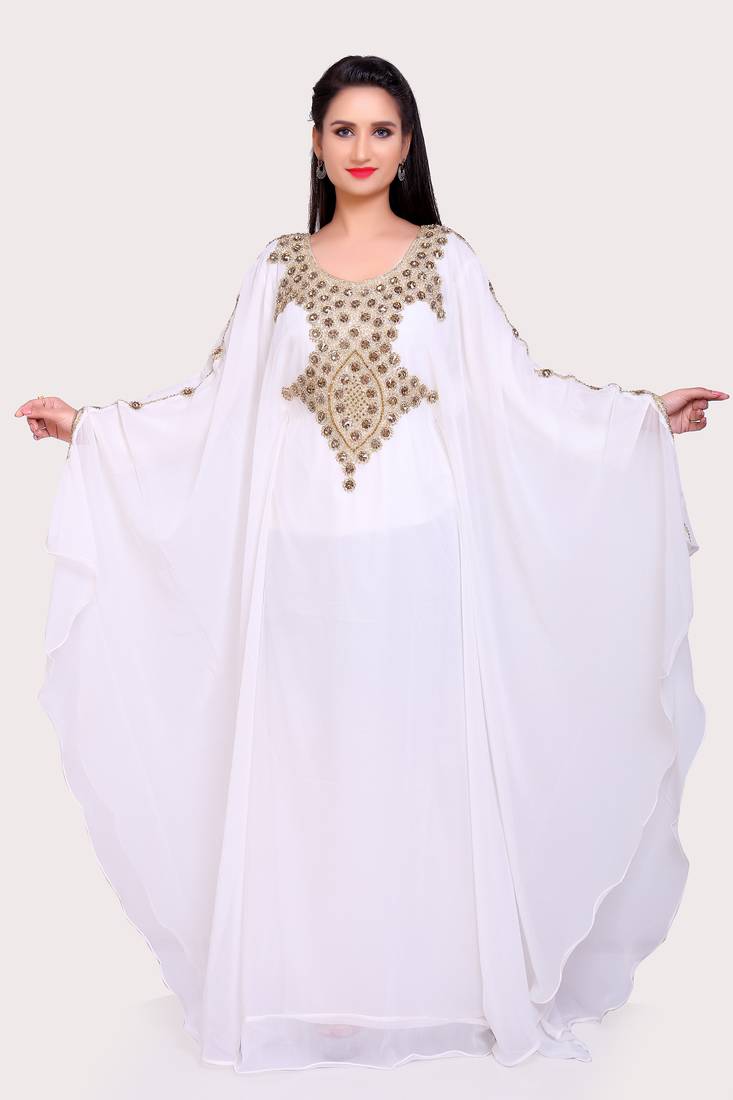 Royal White Georgette Stitched Kaftan with Gold Handwork Embroidered Crystal Detailing 