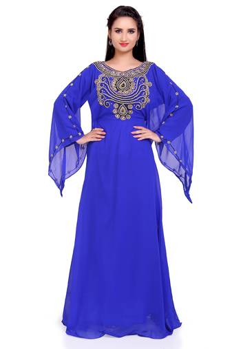 Radiant Royal Blue Partywear Stitched Kaftan and Golden Handwork Embellishment 
