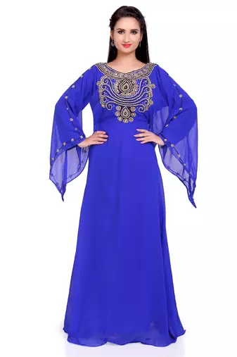 Radiant Royal Blue Partywear Stitched Kaftan and Golden Handwork Embellishment 