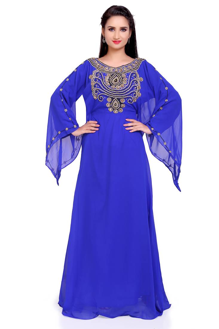 Radiant Royal Blue Partywear Stitched Kaftan and Golden Handwork Embellishment 