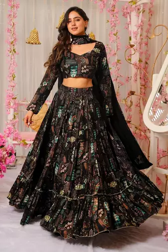 black digital printed full stitched lehenga choli 
