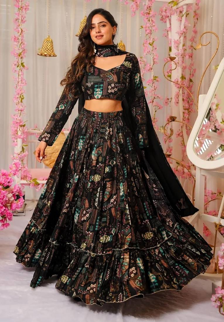 black digital printed full stitched lehenga choli 