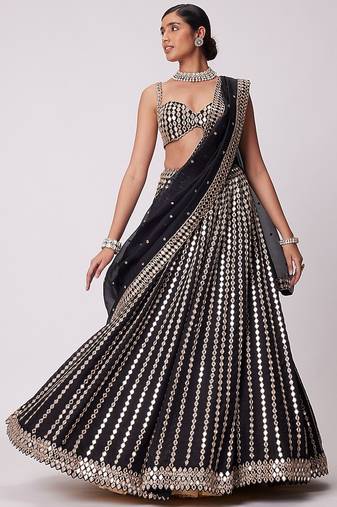 Black zari embroidered mirror work organza lehenga choli