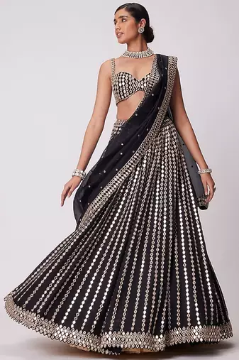 Black zari embroidered mirror work organza lehenga choli