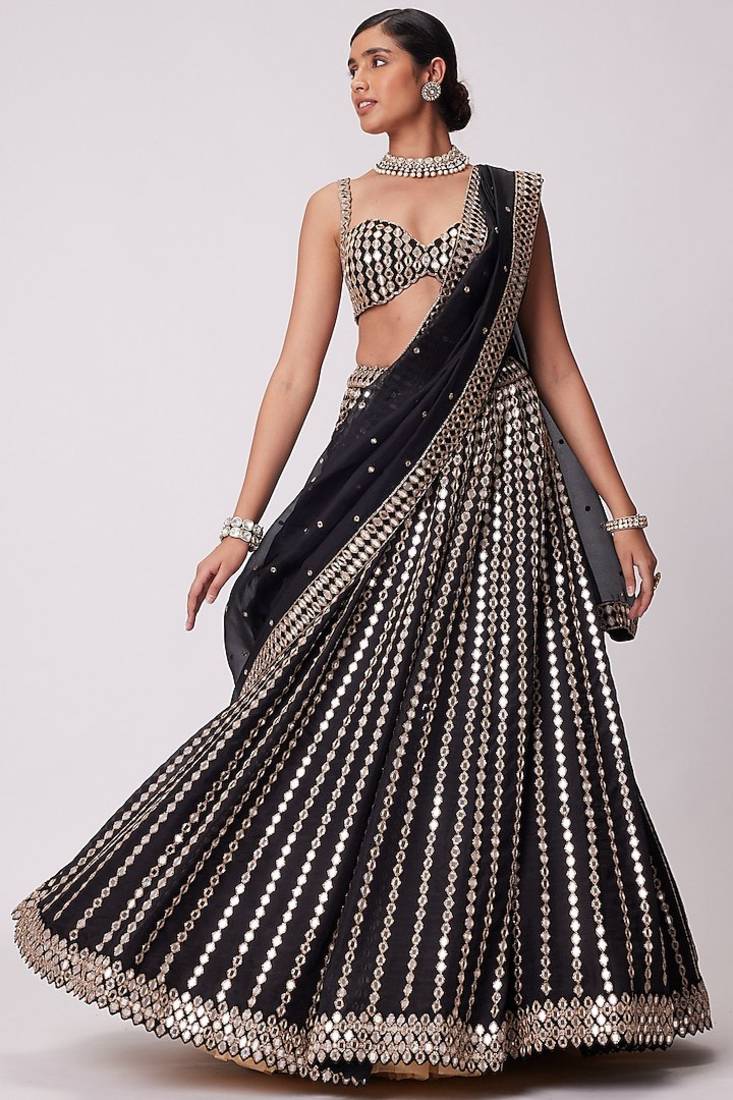 Black zari embroidered mirror work organza lehenga choli