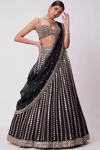 Black zari embroidered mirror work organza lehenga choli
