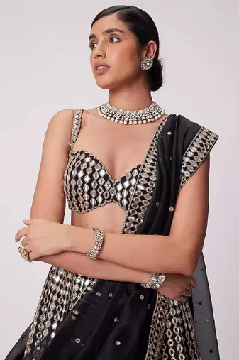 Black zari embroidered mirror work organza lehenga choli