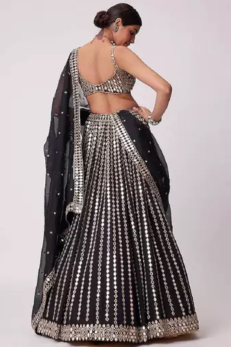 Black zari embroidered mirror work organza lehenga choli