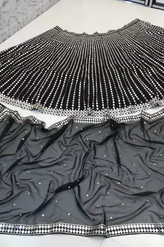 Black zari embroidered mirror work organza lehenga choli