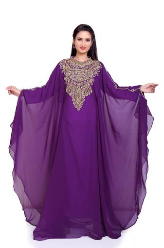 Luxury Purple Georgette Kaftan with Golden Handwork and Beads Detailing Batwing Sleeves