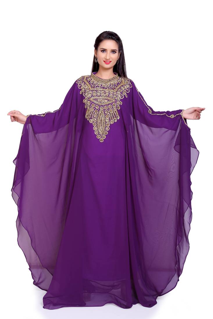 Luxury Purple Georgette Kaftan with Golden Handwork and Beads Detailing Batwing Sleeves