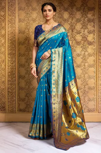 Aqua paithani silk blend saree with zari weaving and contrast border