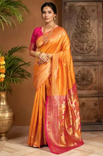 Orange paithani silk blend saree with zari weaving and contrast border