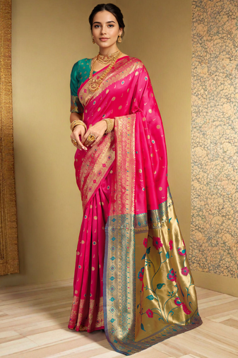 Pink traditional paithani silk saree with rich zari weaving and contrast border     perfect for wedding wear