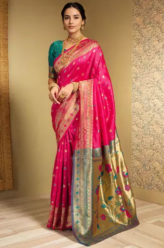 Pink paithani silk blend saree with zari weaving and contrast border