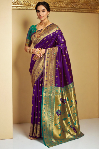 Purple traditional paithani silk saree with rich zari weaving and contrast border – perfect for wedding wear