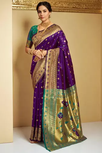 Purple paithani silk blend saree with zari weaving and contrast border