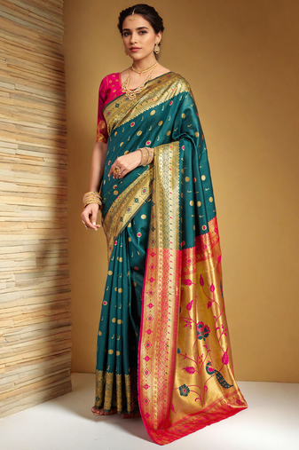 Rama traditional paithani silk saree with rich zari weaving and contrast border – perfect for wedding wear