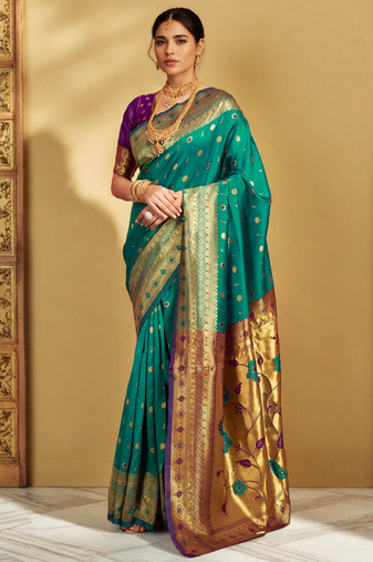 Teal traditional paithani silk saree with rich zari weaving and contrast border – perfect for wedding wear