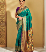 Teal paithani silk blend saree with zari weaving and contrast border