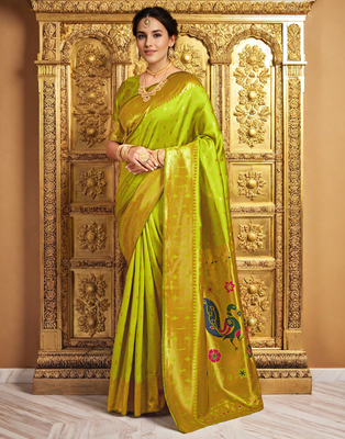 Lime green paithani silk blend handwoven saree with designer pallu and unstitched blouse 1