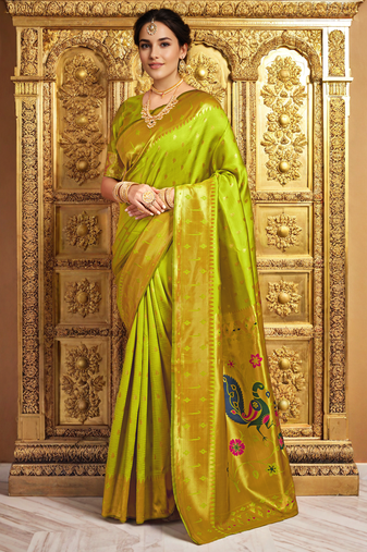 Lime green paithani silk blend handwoven saree with designer pallu and unstitched blouse