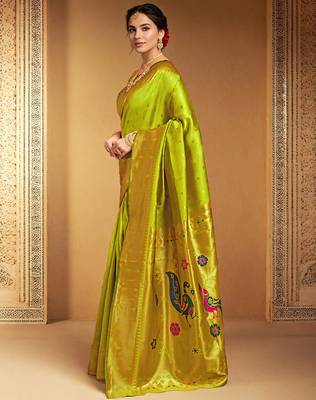 Lime green paithani silk blend handwoven saree with designer pallu and unstitched blouse 2