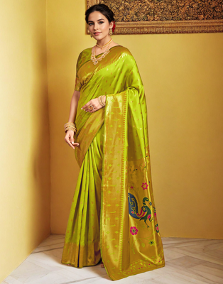 Lime green paithani silk blend handwoven saree with designer pallu and unstitched blouse 3
