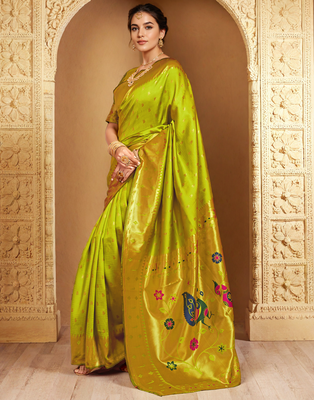 Lime green paithani silk blend handwoven saree with designer pallu and unstitched blouse 4