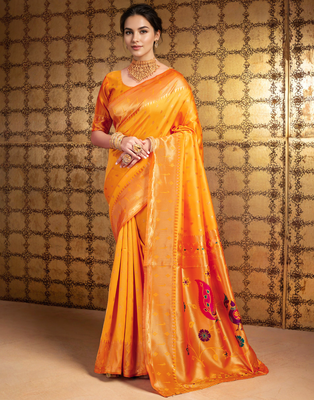 Orange paithani silk blend handwoven saree with designer pallu and unstitched blouse 1