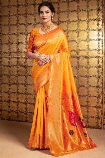 Orange paithani silk blend handwoven saree with designer pallu and unstitched blouse