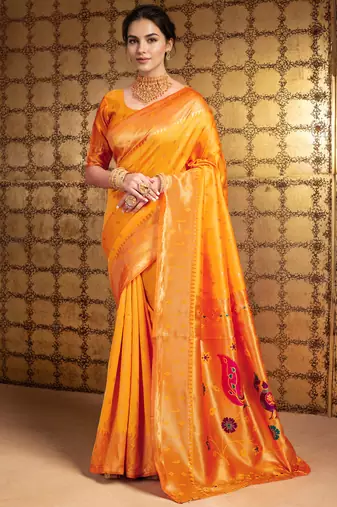 Orange paithani silk blend handwoven saree with designer pallu and unstitched blouse