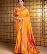 Orange paithani silk blend handwoven saree with designer pallu and unstitched blouse